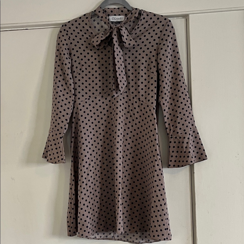 Closet Mauve and Plum Polka Dot Tie-Neck Long Sleeve Dress